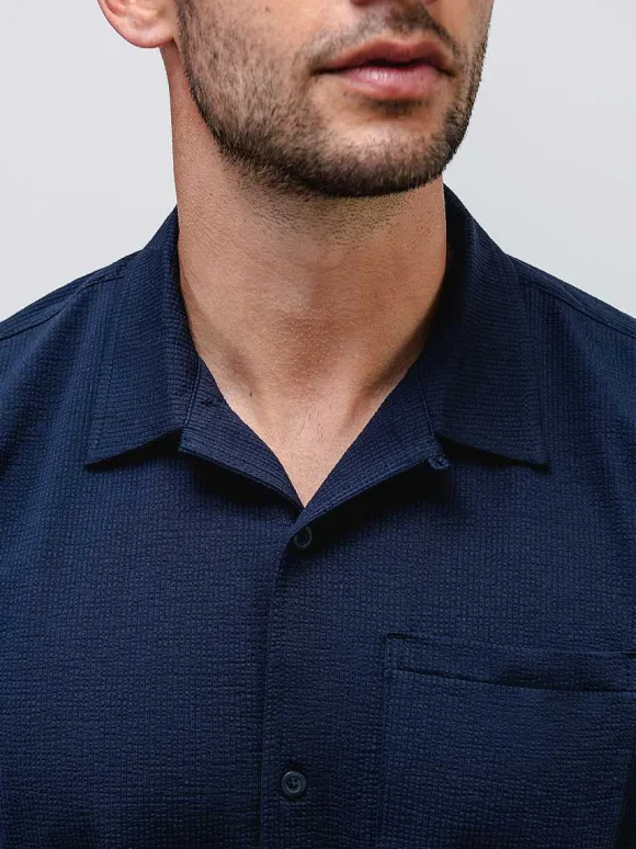Men'S Ministry of Supply Navy Men'S Hybrid Seersucker Short Sleeve Shirt